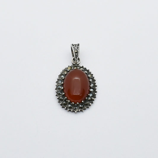 Vintage Silver Oval Onyx / Carnelian & Marcasite Pendant