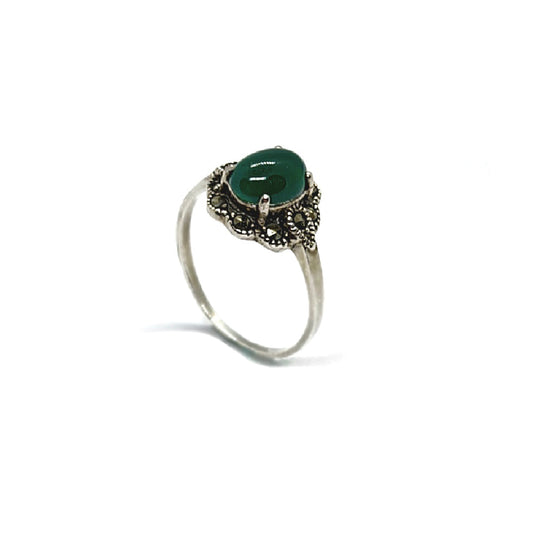 Vintage Silver Green Onyx / Fuchsia Garnet & Marcasite Ring