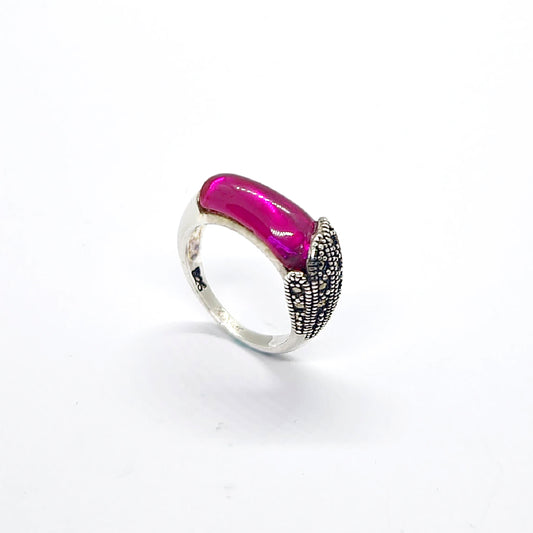 Radiant Fuchsia Garnet & Marcasite Vintage Silver Ring