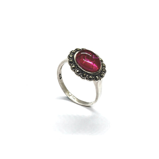 Vintage Silver Fuchsia Garnet / Green Agate & Marcasite Ring