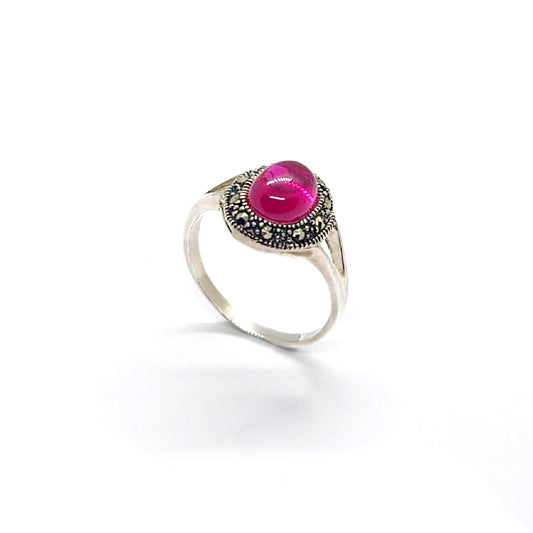 Vintage Silver Marcasite Ring with Fuchsia Garnet or Black Onyx