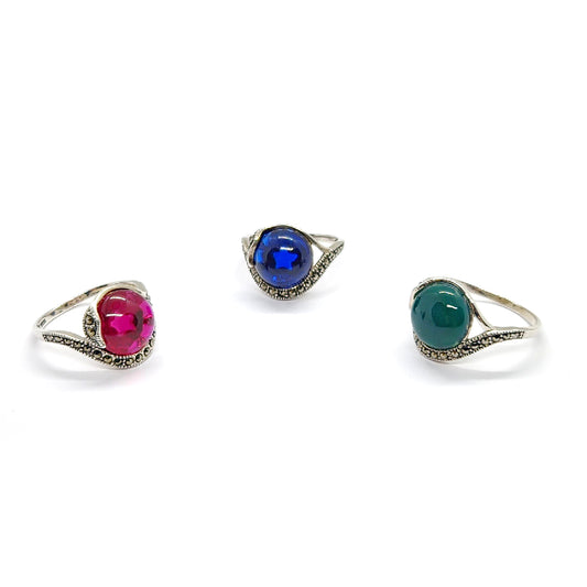 Vintage Silver Ring with Marcasite & Gemstone Cabochon | Multiple Colors Available