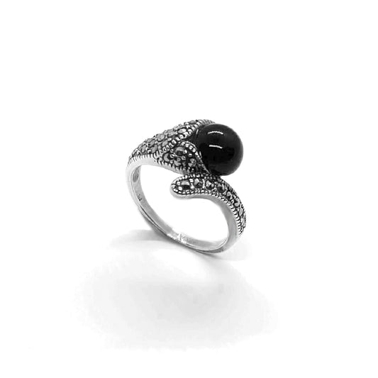 Unique Vintage Silver Marcasite Ring with Cabochon Gemstone | Onyx & Green Agate