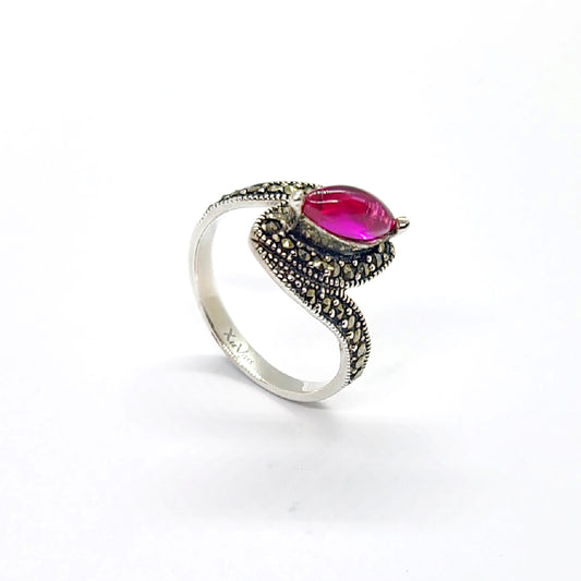 Fuchsia Garnet & Marcasite Vintage Silver Ring
