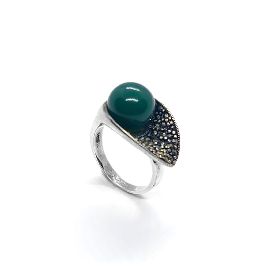 Unique Vintage Silver Marcasite Ring with Cabochon Gemstone | Onyx & Green Agate