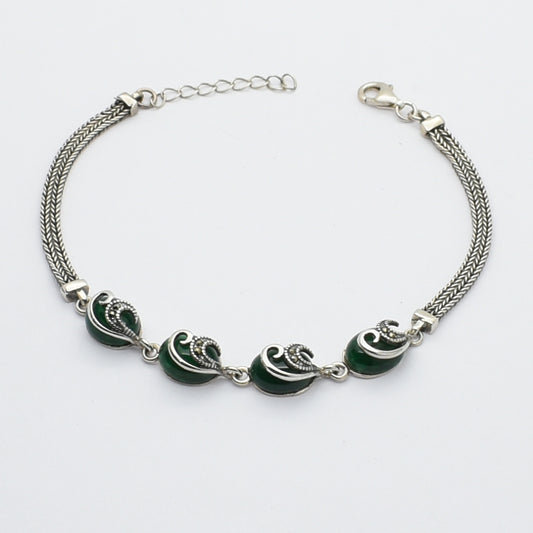 Vintage Silver Bracelet With Dark Green Agate And Marcasite Stones.