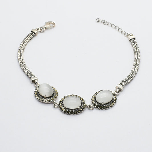Vintage Silver Bracelet With White Moonstone And Marcasite Stones.