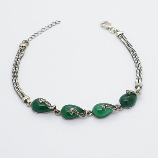 Vintage Silver Bracelet With Green Agate And Marcasite Stones.