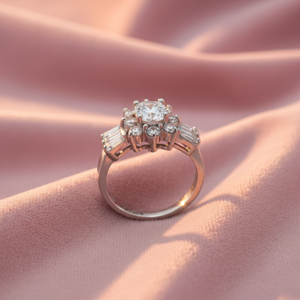 Floral CZ Ring - Soft Pink Velvet Background
